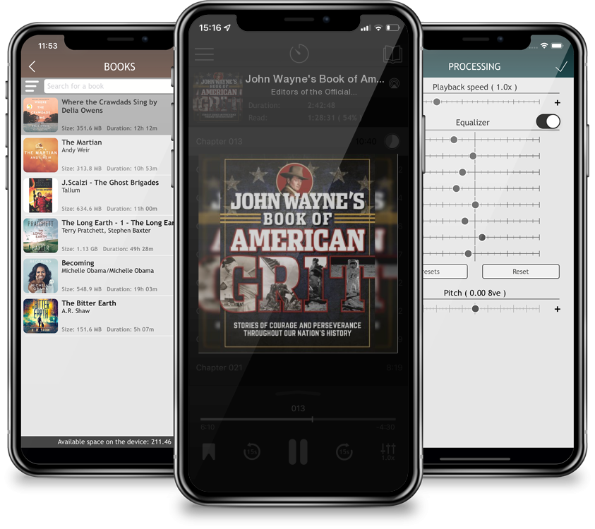 Listen John Wayne's Book of American Grit: Stories of Courage and Perseverance throughout Our Nation's History by Editors of the Official John Wayne Magazine in MP3 Audiobook Player for free
